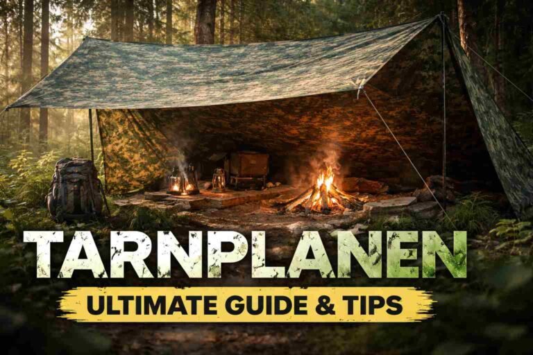 Camping setup with tarp and fire