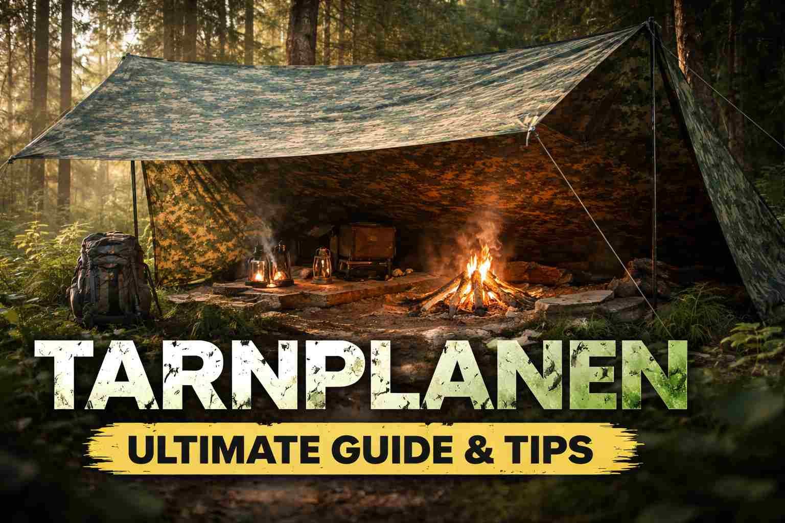 Camping setup with tarp and fire