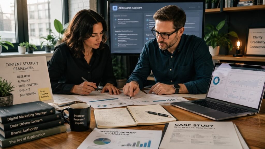 Two people working together with research papers, charts, and a laptop in a modern office.