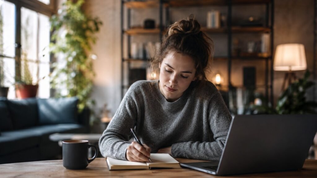 Person writing in a notebook at a desk with a laptop and coffee in a cozy home office.